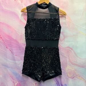 Black Mesh Sequin Sleeveless Romper Dance Costume Colorguard Majorette Twirler